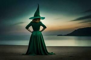 en kvinna i en grön klänning och hatt står på de strand. ai-genererad foto