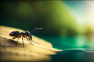 ett myra är stående på de jord nära vatten. ai-genererad foto