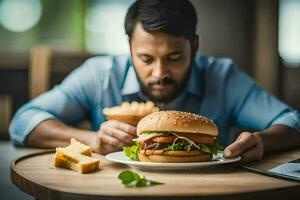 en man är äter en burger och pommes frites. ai-genererad foto