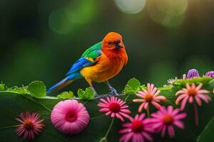 en färgrik fågel sitter på en blad med blommor. ai-genererad foto