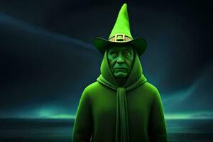 en grön trollkarl bär en hatt och morgonrock. ai-genererad foto