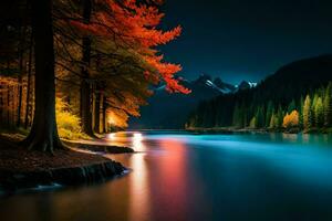 en flod på natt med träd och berg. ai-genererad foto