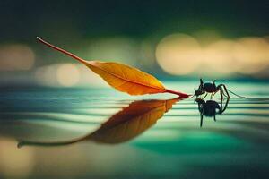 en blad är flytande på de vatten med ett myra. ai-genererad foto