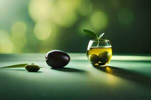 oliver i en glas och oliv olja på en tabell. ai-genererad foto