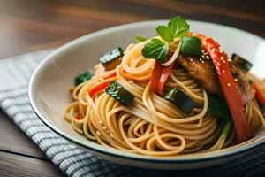 en skål av spaghetti med grönsaker och sås. ai-genererad foto