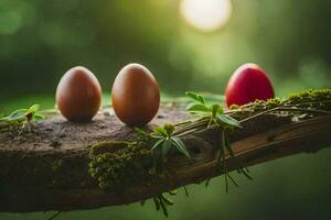 tre ägg är Sammanträde på en gren med en grön bakgrund. ai-genererad foto