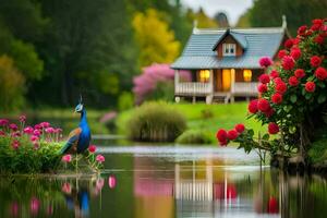 tapeter hd tapet påfågel, blommor, hus, natur, vatten, vattenfall,. ai-genererad foto