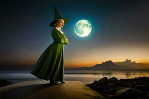 en kvinna i en grön klänning står på en sten med en full måne i de bakgrund. ai-genererad foto