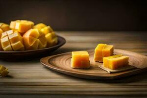 en tallrik med skivad mango på den och en skål av skivad mango. ai-genererad foto