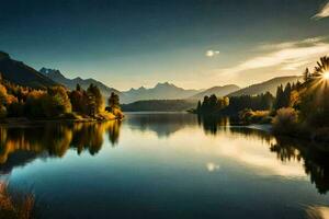 de Sol lyser över en sjö och berg. ai-genererad foto