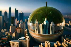 en stad med en grön boll i de mitten av Det. ai-genererad foto