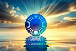 en blå mynt Sammanträde på topp av vatten med en Sol lysande. ai-genererad foto