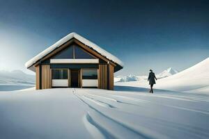 en person gående i de snö nära en små stuga. ai-genererad foto