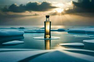 en flaska av whisky på de is. ai-genererad foto