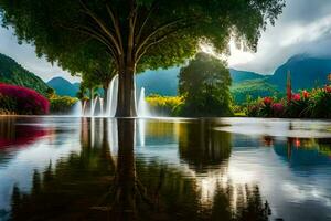 en träd är reflekterad i en damm med vatten och blommor. ai-genererad foto