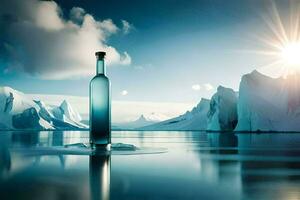 en flaska av vatten i de mitten av ett isberg. ai-genererad foto