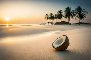 kokos på de strand, handflatan träd, solnedgång, strand, hd tapet. ai-genererad foto