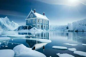 en hus sitter på ett is isflak i de mitten av en sjö. ai-genererad foto