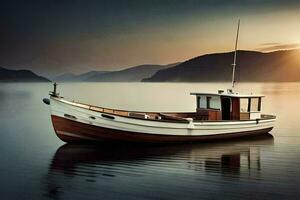 en båt på de vatten på solnedgång. ai-genererad foto