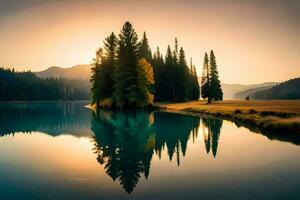 en sjö med träd och en berg i de bakgrund. ai-genererad foto