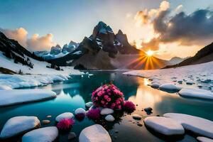 de Sol stiger över en sjö med blommor och snö. ai-genererad foto