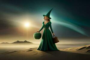 en kvinna i en grön klänning innehav en pott och en hink. ai-genererad foto