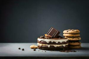 choklad kaka med småkakor och choklad bar på en mörk bakgrund. ai-genererad foto