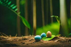 tre blå och grön ägg i de skog. ai-genererad foto