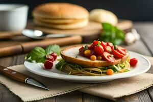 en tallrik med en smörgås och grönsaker på Det. ai-genererad foto