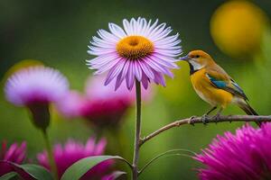 en fågel är uppflugen på en blomma i de trädgård. ai-genererad foto