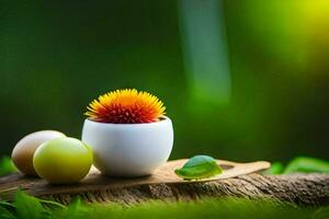 en blomma i en kopp och två ägg på en grön bakgrund. ai-genererad foto