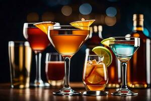 olika alkoholhaltig drycker på en tabell. ai-genererad foto