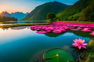 rosa lotus blommor i de vatten på solnedgång. ai-genererad foto
