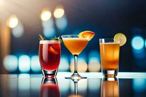 tre annorlunda cocktails på en bar disken. ai-genererad foto