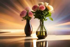 två vaser med rosa blommor i dem på en tabell. ai-genererad foto