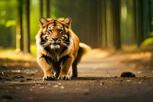 en tiger gående på en smuts väg i de skogen. ai-genererad foto