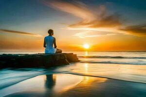 en kvinna mediterar på de strand på solnedgång. ai-genererad foto