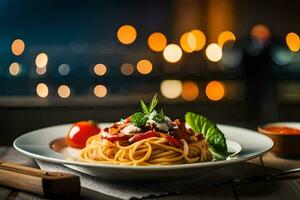 spaghetti med tomat och basilika på en tallrik. ai-genererad foto