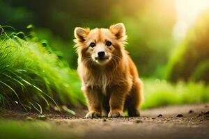 en små brun hund är stående på en smuts väg. ai-genererad foto