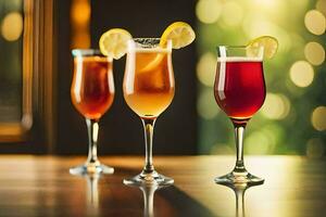 tre annorlunda typer av drycker på en tabell. ai-genererad foto