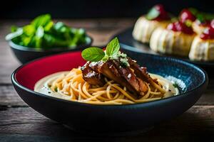 en skål av spaghetti med kött och grönsaker. ai-genererad foto