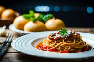 spaghetti med kött sås och citroner på en tallrik. ai-genererad foto