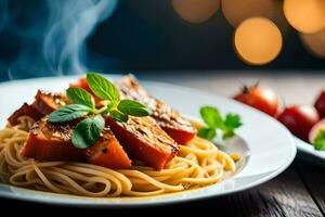 spaghetti med kött och tomater på en tallrik. ai-genererad foto