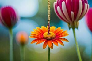 en färgrik blomma är hängande från en sträng. ai-genererad foto