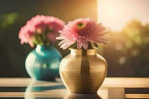 två vaser med rosa blommor på en tabell. ai-genererad foto