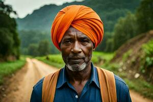 ett afrikansk man bär ett orange turban på en smuts väg. ai-genererad foto