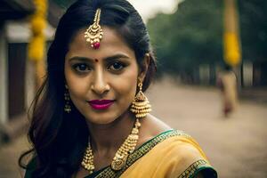 en skön indisk kvinna bär en gul sari och guld Smycken. ai-genererad foto