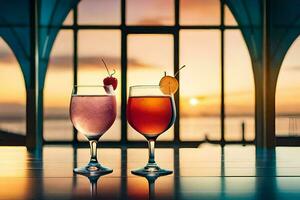 två glasögon av cocktails med en solnedgång se. ai-genererad foto