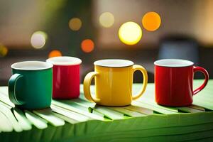 fyra färgrik kaffe koppar på en tabell. ai-genererad foto