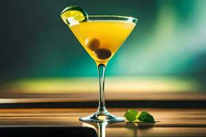 en cocktail med en kalk och oliv garnering. ai-genererad foto